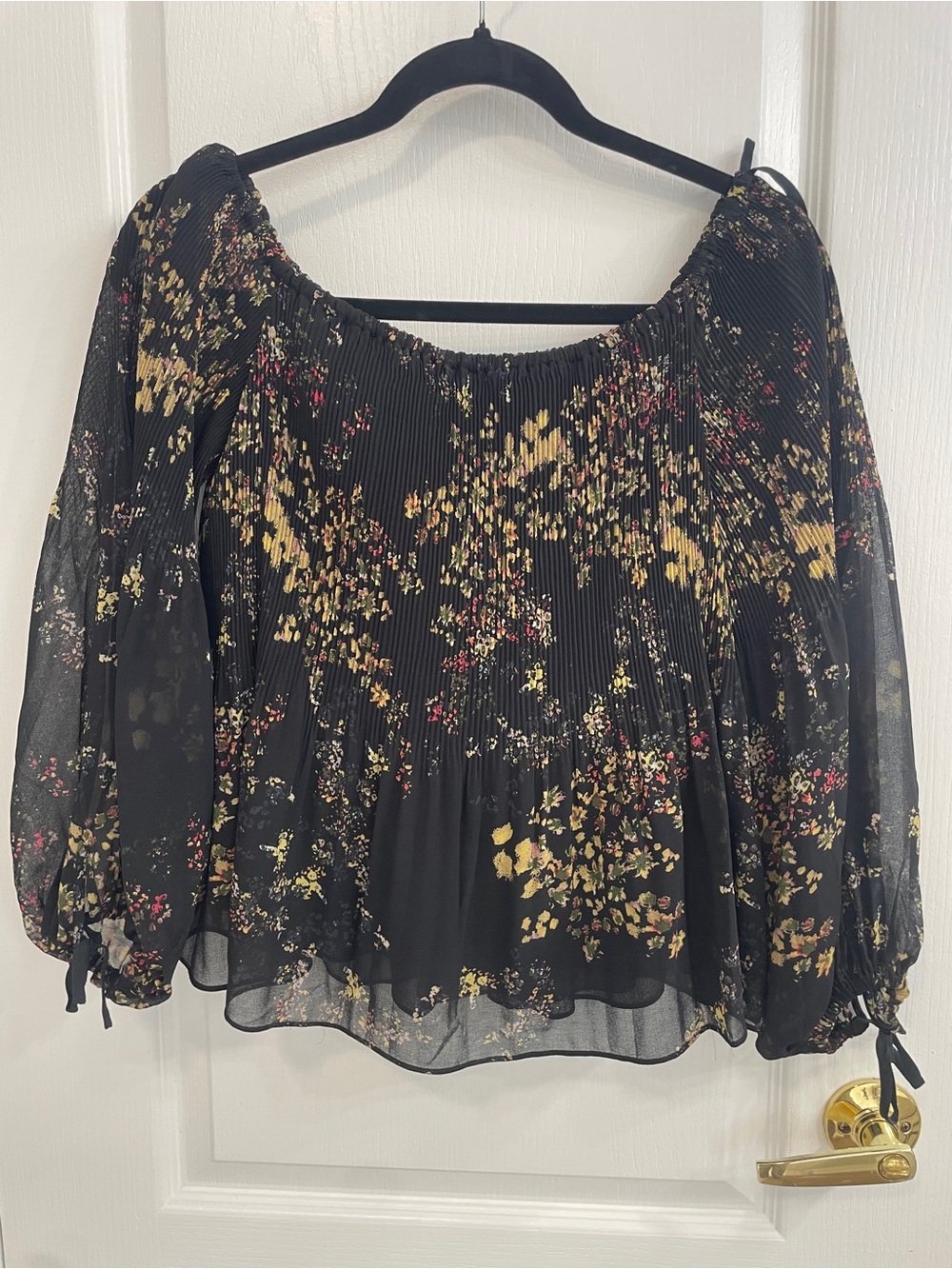 Aritzia Black Floral Off-Shoulder Pleated Blouse